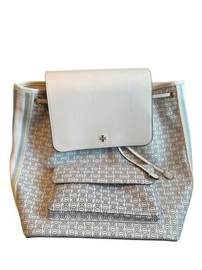 Tory Burch Gemini Link Canvas Backpack White Leather Trim Chain Print